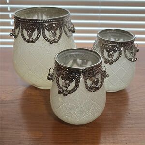 Essentials Silver and White Candle Holders with Intricate Accents